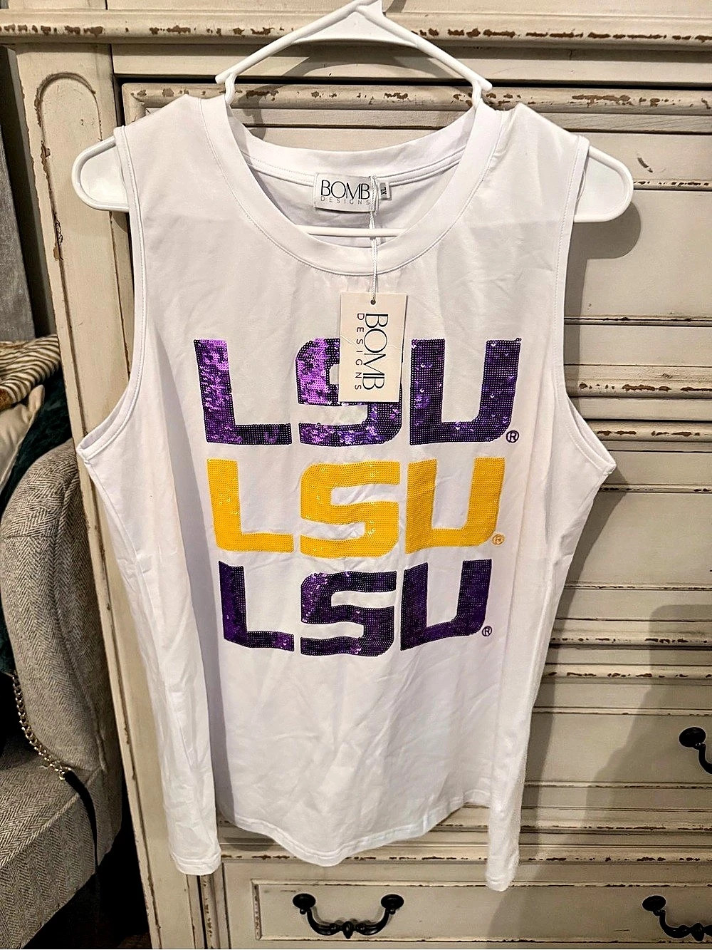 BOMB Designs LSU Triple Block Logo Sequin Tank White & Purple